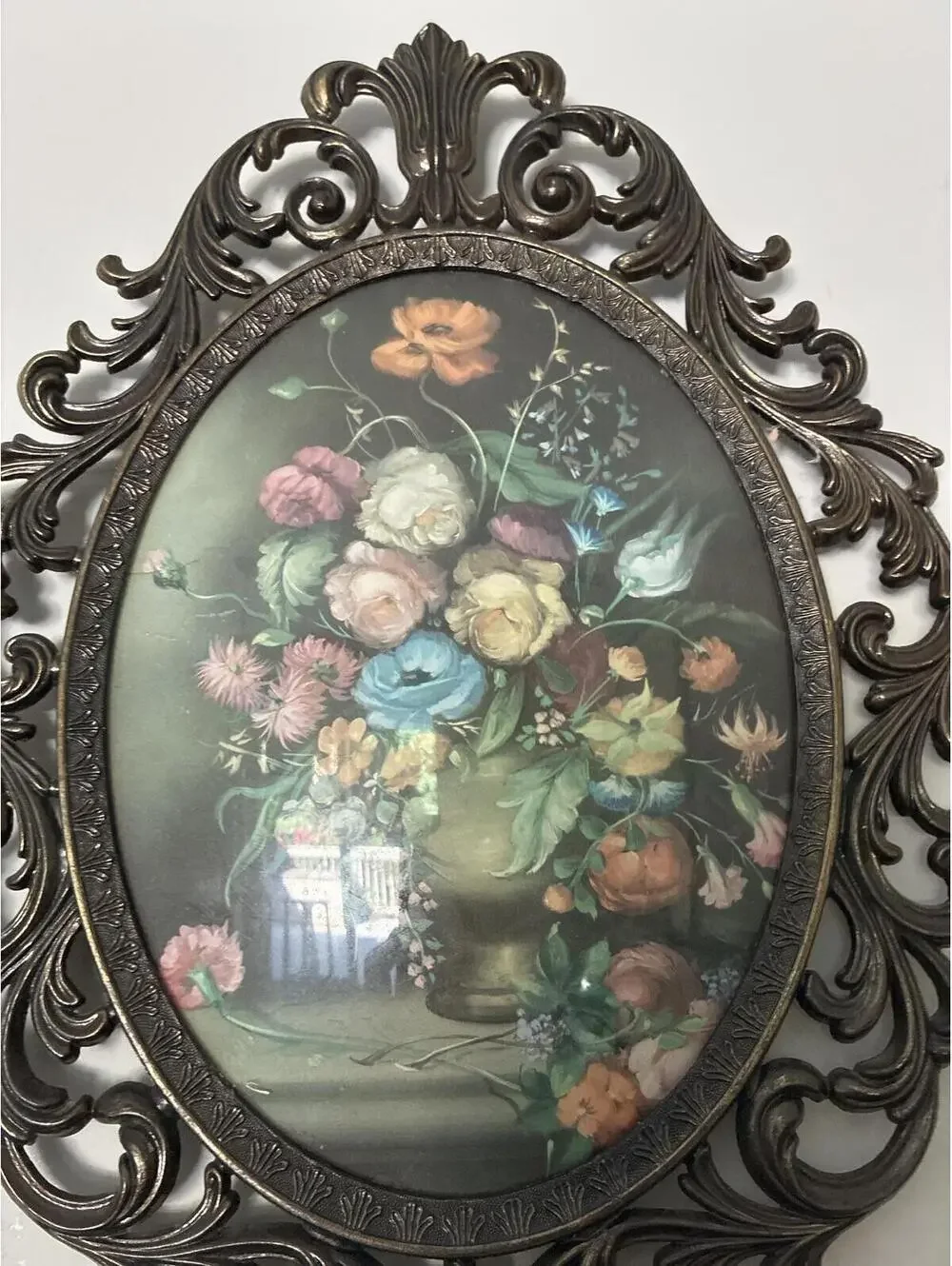 Vintage Made in Italy Floral Wall Art, Convex Bubble Glass Frame Ornate